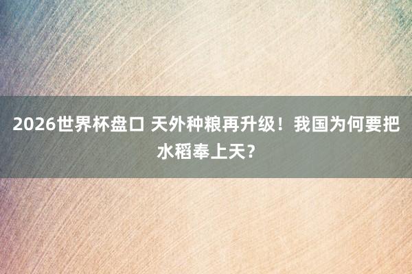 2026世界杯盘口 天外种粮再升级！我国为何要把水稻奉上天？